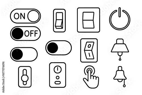 On Off switch line icon set. Power button, toggle switch, and light switch vector icons. UI UX graphic elements for web design, apps. Outline pictogram symbol collection.