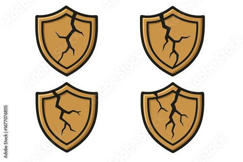 Cracked shield vector icon set. Broken golden shield symbol. Concept of security failure, data breach, vulnerability, damage, lost protection, and defense. Cartoon illustration.