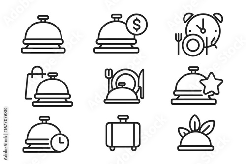 Hotel service and hospitality outline icon set. Includes reception bell, room service, travel, luggage, booking, rating, and payment symbols. Vector line icons with editable stroke.