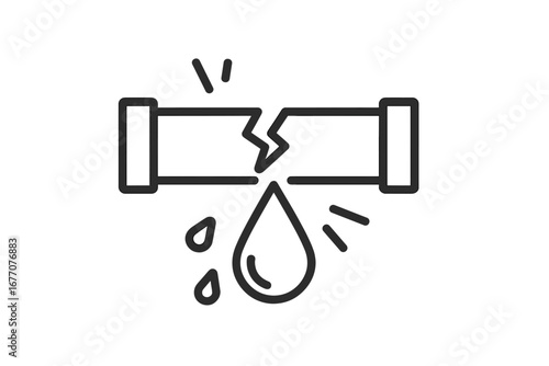 Broken pipe water leak icon. Plumbing problem symbol. Burst pipeline leakage concept. Damaged tube with water drop. Outline vector for emergency repair service illustration.
