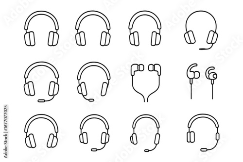 Headphones and headset line icon set. Audio equipment for music, gaming, and call center support. Vector collection of earphone, earpiece, and headphone symbols. Editable stroke.