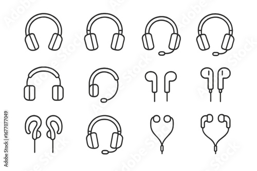 Headphones and earphones line icon set. Headset with microphone for call center, gaming gear, earbuds for music. Audio device pictogram collection. Editable stroke vector.