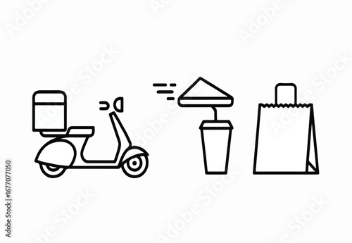 Food delivery icons featuring scooter and pizza box