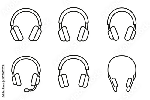 Headphones and headset thin line icon collection. Vector set of audio symbols for music, gaming, and support. Editable stroke outline illustration for web and apps.