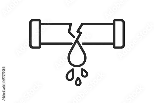 Broken pipe and water leak simple thin line icon. Plumbing problem, pipe burst, and water damage concept. Leakage, dripping, and emergency repair vector illustration.