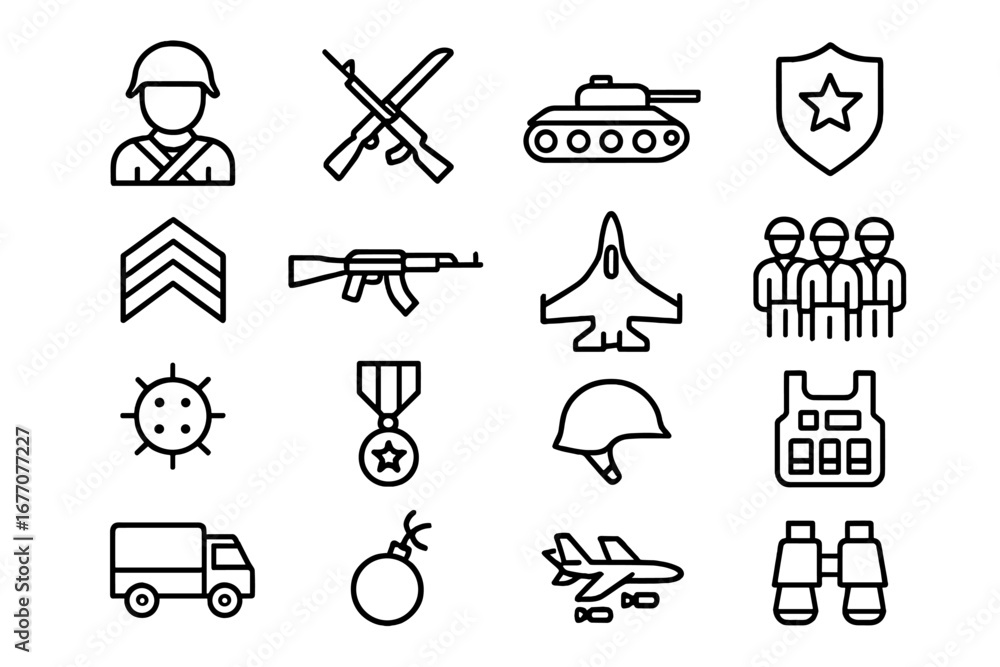 Fototapeta premium Military icon set. Army and armed forces collection with soldier, tank, jet, and gun. War and defense concept. Vector outline symbols for infographics, UI, UX. Editable stroke.
