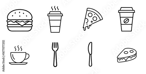 Burger, coffee, pizza, fork, and knife arranged as line art on white canvas showcasing simple food and drink elements in a minimalist style.