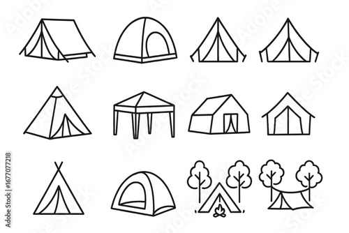 Camping and hiking tent line icon set. Outdoor travel adventure symbols. Collection of various tourist tents, canopy, marquee, shelter for nature vacation. Campfire pictogram.
