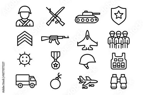 Military icon set. Army and armed forces collection with soldier, tank, jet, and gun. War and defense concept. Vector outline symbols for infographics, UI, UX. Editable stroke.