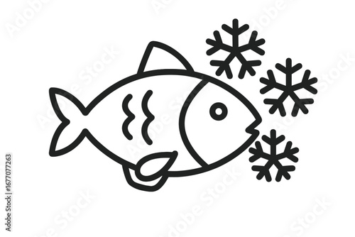 Frozen fish icon. Cold seafood symbol. Vector outline illustration. Snowflakes ice concept. For grocery, market, restaurant menu, packaging, fishmonger, fresh food. Line art.