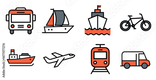 Various modes of transportation arranged neatly on white backdrop showcasing diverse travel options with clean lines and minimalist approach.