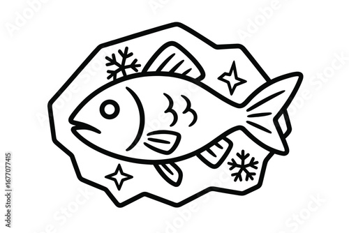 Frozen fish in ice block outline. Vector cartoon icon for seafood market, app, web design, packaging. Food preservation, freshness concept. Simple linear grocery product logo.