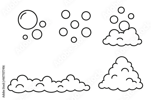 Simple bubble and foam outline icon set. Vector cartoon illustration for soap, suds, and water effects. Clean linear graphic elements for design. Fizzy soda or beer concept.