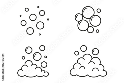 Bubble and foam line icon set. Vector cartoon illustration of soap suds, lather, and fizzy water. Minimalist outline symbols for cleaning, washing, and carbonated drinks.
