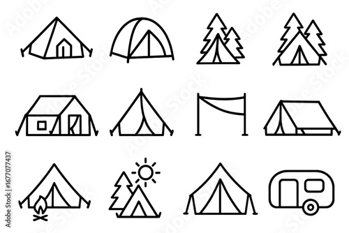 Camping and outdoor adventure line icon set. Tent, camper, forest, and campfire symbols. Travel, hiking, and nature concepts. Simple outline vector for web, UI, UX design.