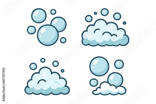Soap bubbles and foam simple icon set. Vector cartoon illustration for cleaning, hygiene, and washing concepts. Cute water suds and bubbly elements for web, apps, and print.