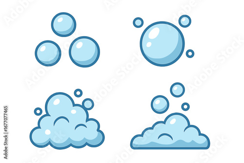 Soap bubble and foam vector icon set. Simple cartoon illustration of lather, suds, and fizzy water spheres. Graphic elements for cleaning, laundry, or carbonated drinks.