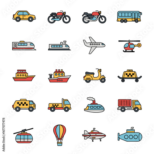 Collection of various transportation methods depicted as colorful outlines on a white canvas, showcasing diverse travel options with a playful and modern aesthetic.