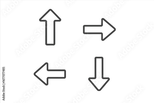 Directional arrows icon set. Up, down, left, and right outline signs. Simple navigation and pointer symbol collection. Vector illustration with editable stroke for web or app UI.