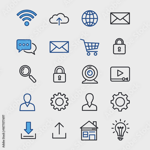 Collection of simple line art symbols representing various internet and computer functions displayed on a plain light gray canvas, offering a clean and modern aesthetic.