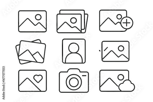 Picture and photo line icon set. Gallery, camera, add image, edit photo, user profile avatar, favorite and cloud vector icons. Outline pictogram collection for web, app, ui, ux.