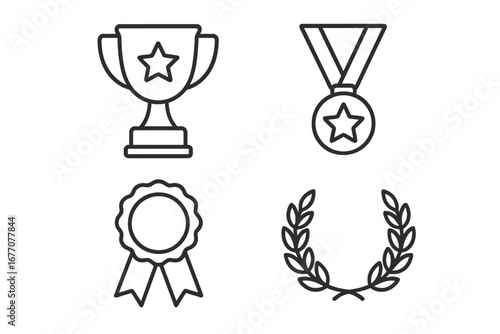 Award and victory line icon set. Trophy cup, medal, prize ribbon, and laurel wreath. Winner, champion, and success symbols. First place concept for competition. Editable stroke.