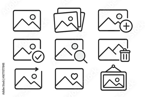 Picture line icon set. Image and photo gallery outline icons for web design, apps, and user interface. Vector symbols for add, delete, search, favorite, and share actions.