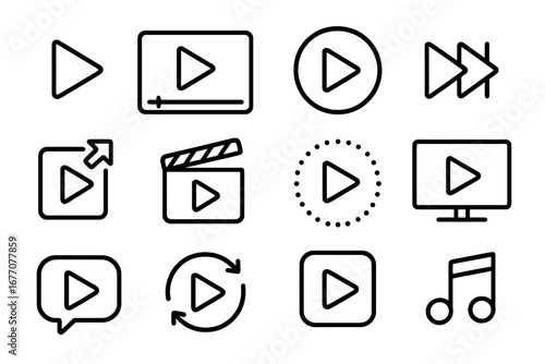 Play button line icon set. Video, audio, and music media player interface signs. Multimedia symbols for web, apps, and graphic design. Vector forward, replay, and clapperboard icons.