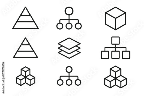 Hierarchy and structure line icon set. Pyramid, flowchart, layers, cube blocks for business data visualization. Organization chart, infographic element, connection system symbols.