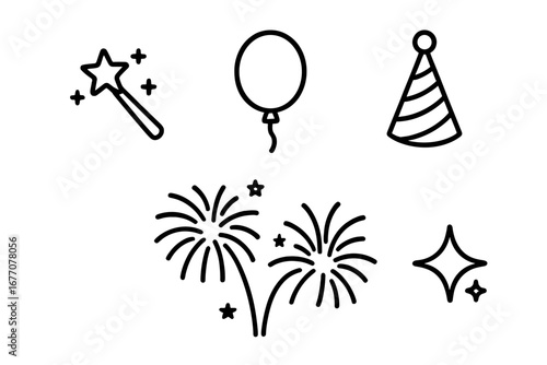 Party and celebration line icon set. Vector pack of festive symbols for birthday, holiday, new year events. Contains magic wand, balloon, party hat, fireworks, and sparkle icons.