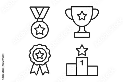 Award and competition line icon set. Winner prize, trophy cup, first place medal and victory podium symbols. Achievement and success outline vector graphic collection for champions.