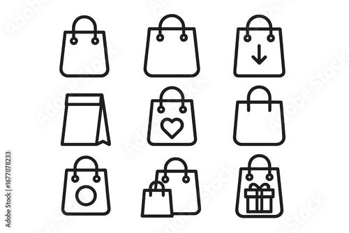 Shopping bag line icon set for e-commerce and retail. Vector outline symbols for online store, purchase, sale, add to cart, gift, and wishlist for web and mobile apps.