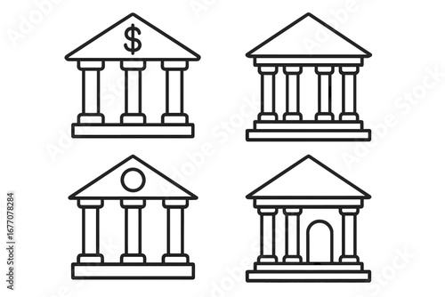 Bank building outline icon set. Finance, money and banking concept. Courthouse or government building symbol collection. Simple linear vector illustrations with editable stroke.