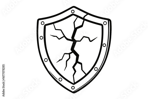 Cracked shield vector icon. Concept of vulnerability, failure, and broken protection. Security risk or data breach metaphor. Damaged armor symbol. Outline cartoon drawing.