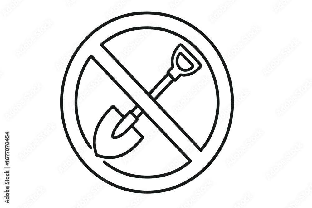 No digging sign. Shovel or spade forbidden icon. Stop digging symbol. Do not dig concept. Construction safety warning. Vector outline illustration for apps and graphics.