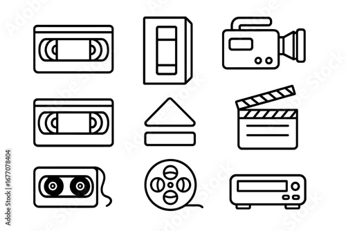 Video line icon set. Retro media technology concept. VHS tape, cassette, camera, film reel, clapperboard. Vintage 80s, 90s nostalgia. Movie, cinema outline symbols for web.