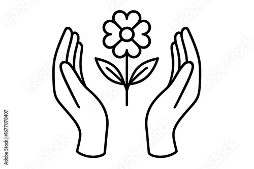 Line art of hands protecting a flower. Vector graphic concept for care, nature, environment, and growth. Symbol for ecology, sustainability, charity, hope, love, and support.