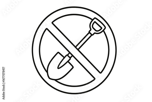 No digging sign. Shovel in crossed circle. Prohibited symbol. Do not dig icon. Stop excavation work. Forbidden to dig warning. Ground work safety regulation concept vector.