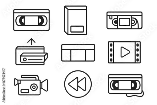 Video tape and VCR related outline icon set. Signs for graphic design, web, apps. VHS, camcorder, film, play, rewind. Vintage 80s 90s nostalgia technology vector cartoon.