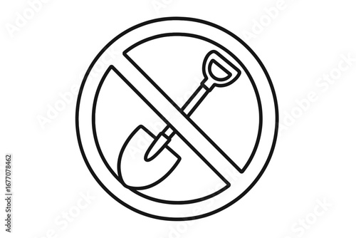 No digging sign. Shovel forbidden symbol. Digging prohibited icon. Stop work warning. Do not dig. Restricted area concept. Safety pictogram. Vector outline illustration.