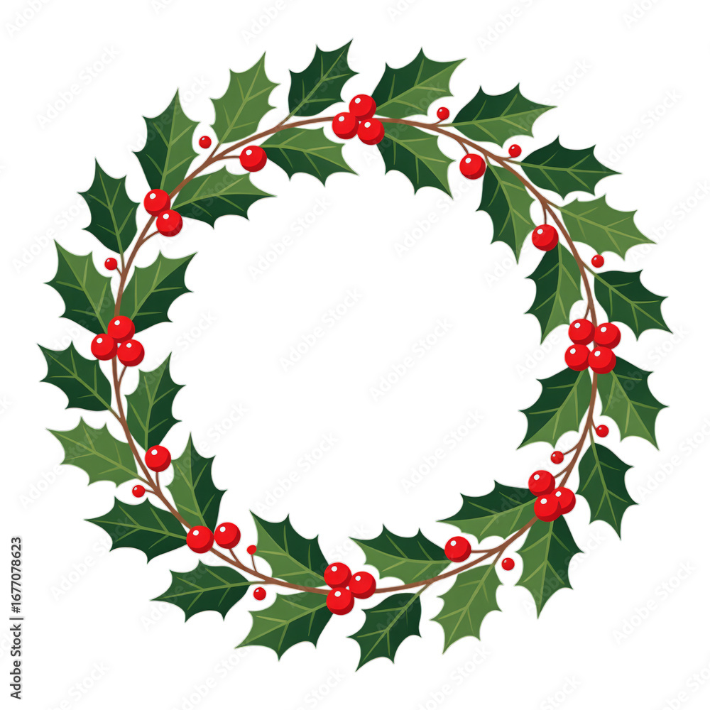 Fototapeta premium Holly Berry Wreath with Red Berries, Transparent Background, Glossy Illustration for Holiday Design