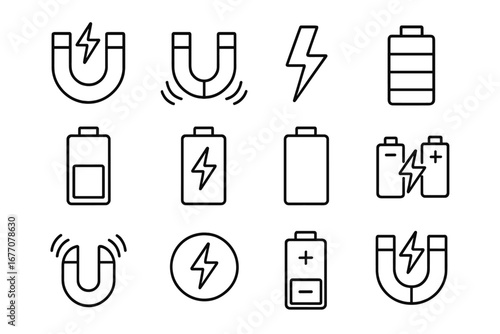 Power and energy thin line icon set. Electricity, charge, battery level and magnet symbols. Vector outline signs for web, UI, app design. Accumulator, lightning bolt icons.