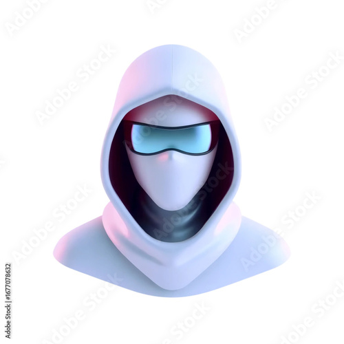 futuristic faceless 3d character in white hood with blue visor goggles representing cyberpunk, technology, and modern anonymity