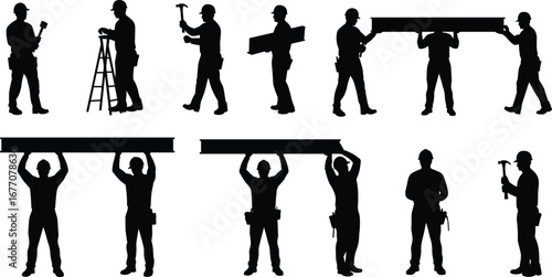 Construction worker silhouettes, people working, carrying materials, hammer use, ladder climbing, teamwork concept, industrial labor, building site, safety