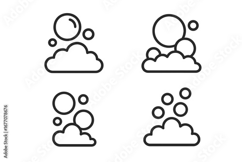 Set of soap foam bubbles line icons. Suds, lather, and cleanser symbol for washing and cleaning. Minimalist vector illustration for hygiene, shampoo, or laundry concept.