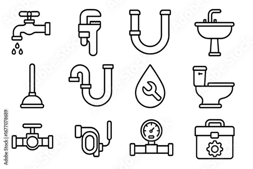 Plumbing service line icon set. Plumber tools and equipment vector collection. Faucet, pipe, wrench, sink, toilet, plunger icons. Home repair and maintenance concept.