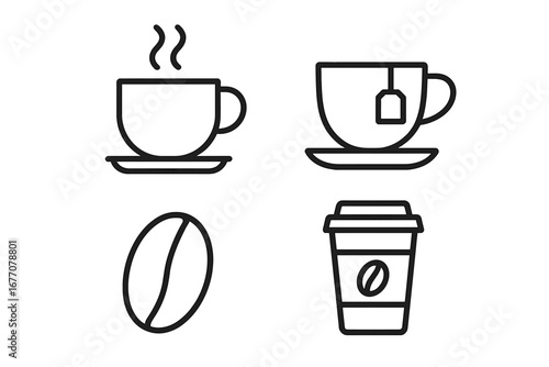 Coffee and tea line icon set. Hot drink, coffee bean, cup, and takeaway cup vector icons. For cafe menu, website, app, or infographic. Simple outline beverage symbols.