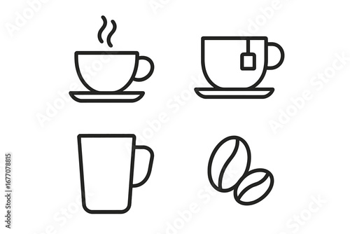 Coffee and tea line icon set. Vector collection of hot drinks symbols including a coffee cup, mug, teacup with teabag, and beans. Simple outline pictogram for cafe menu, web, or app.