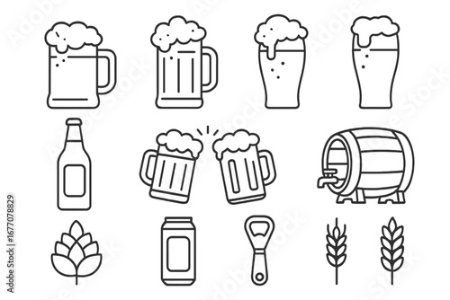 Beer line icon set. Brewery, pub and bar symbols. Vector collection of beer mug, glass, bottle, can, barrel, hops and wheat. Editable stroke outline icons for celebration.