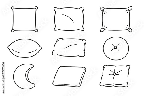 Pillow and cushion line icon set. Various pillow shapes for bed and sofa. Hand-drawn doodle style vector illustration. Home decor, furniture, sleep and comfort concept design.